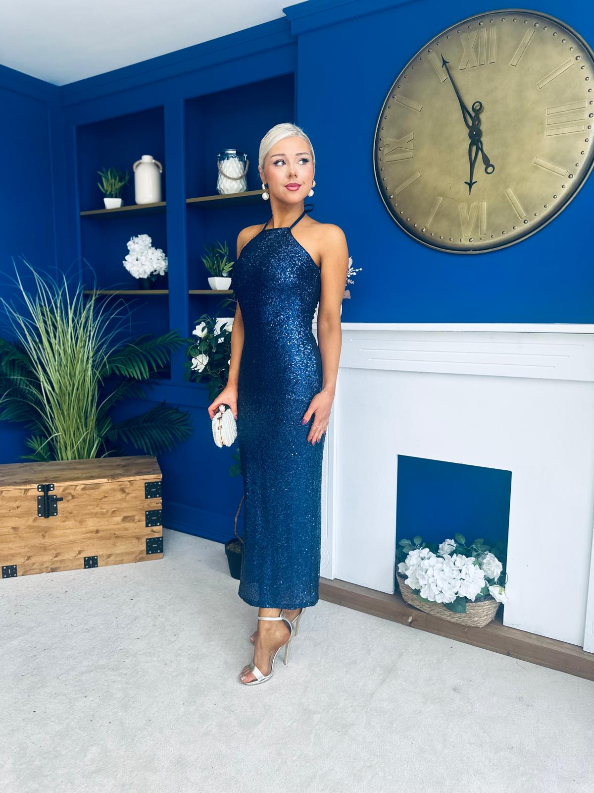 Aifric Sequin Slinky Dress Navy