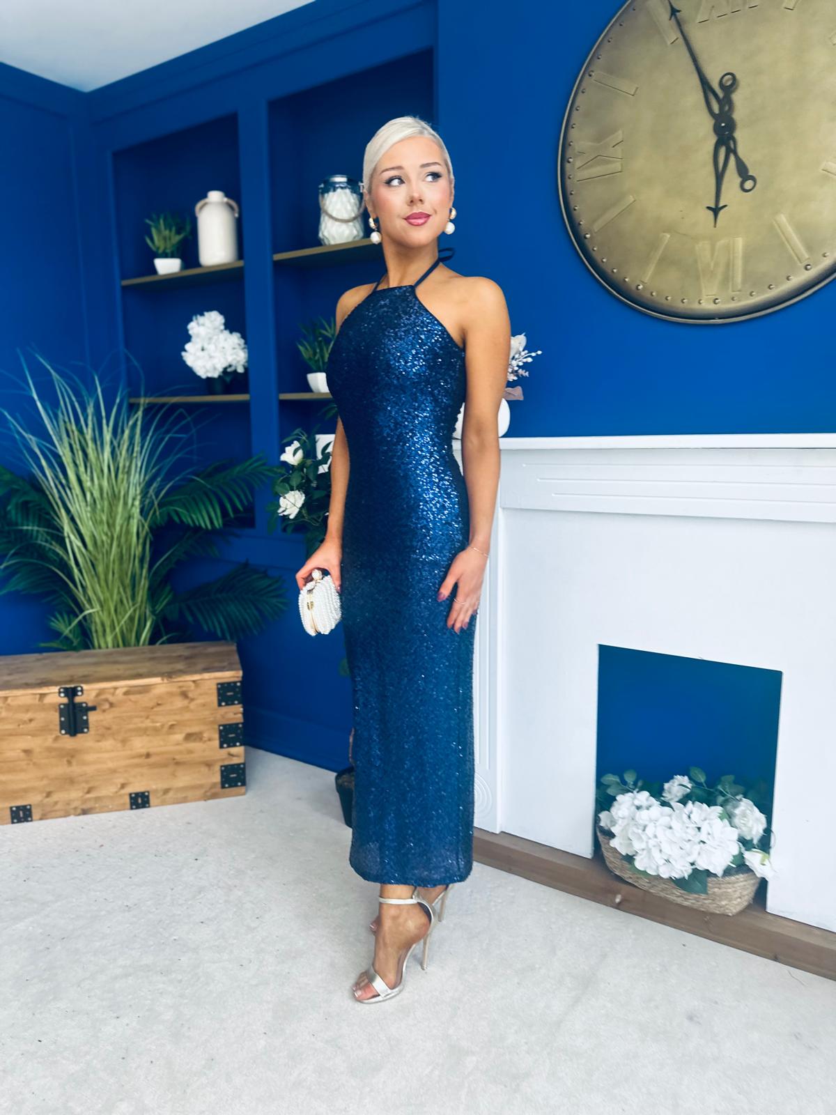 Aifric Sequin Slinky Dress Navy