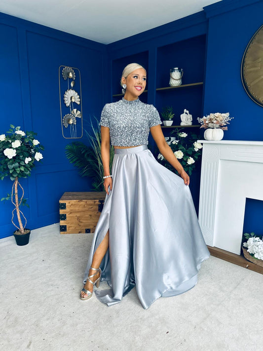 Kylie Satin Maxi Skirt Grey