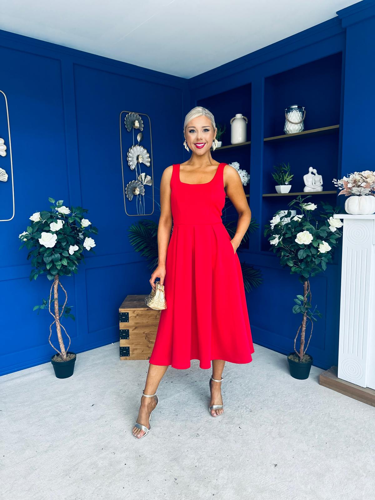 Erica Square Neck Midi Dress Red