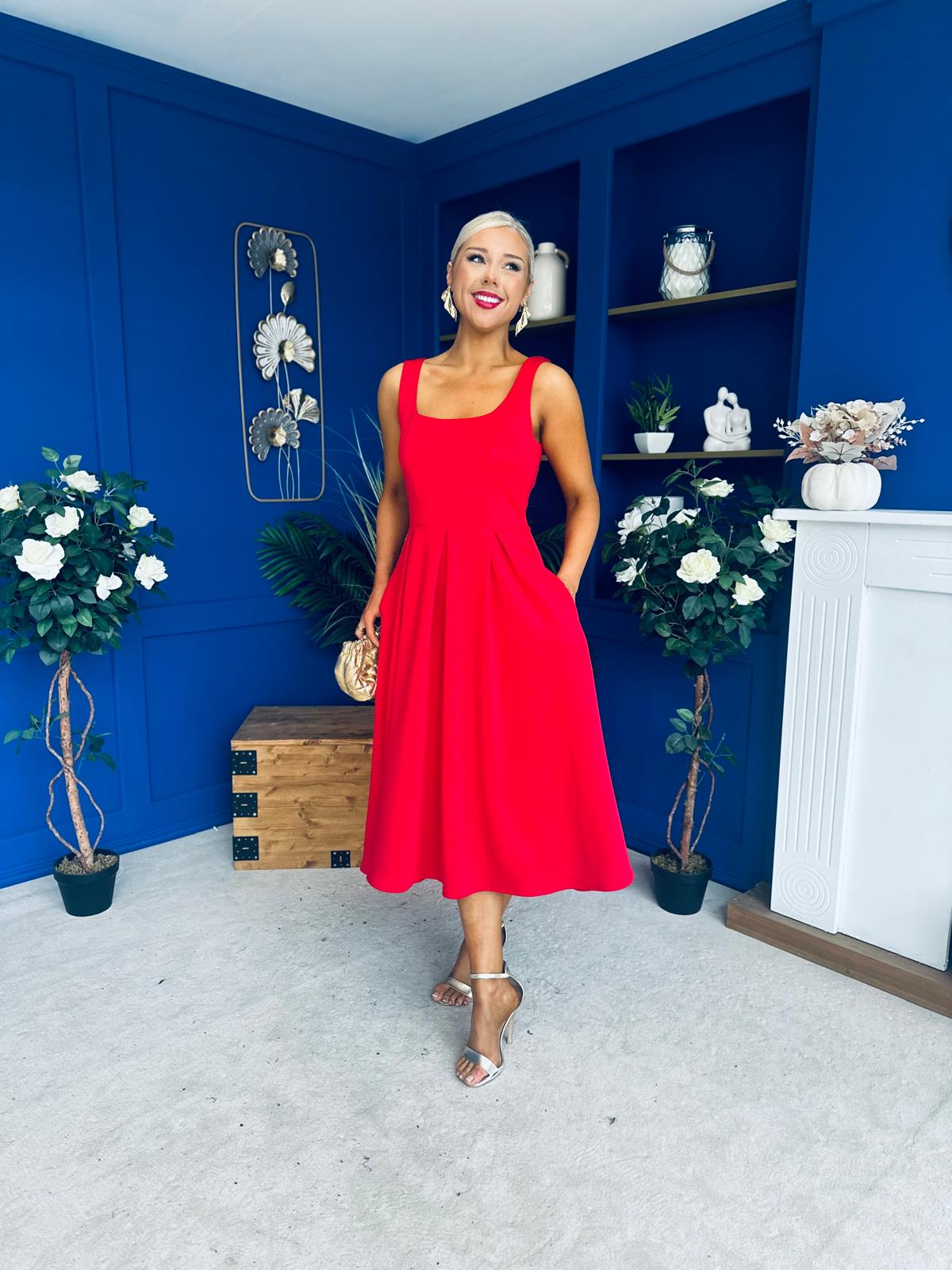 Erica Square Neck Midi Dress Red