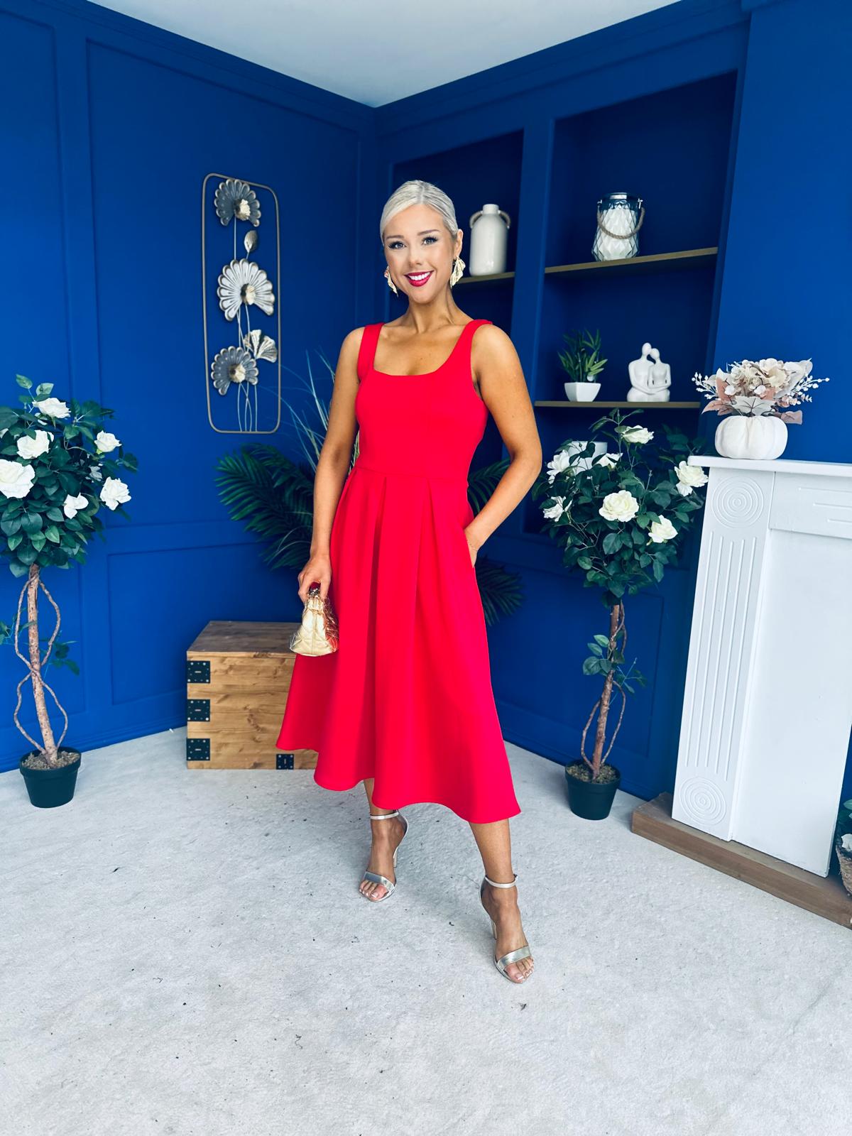 Erica Square Neck Midi Dress Red