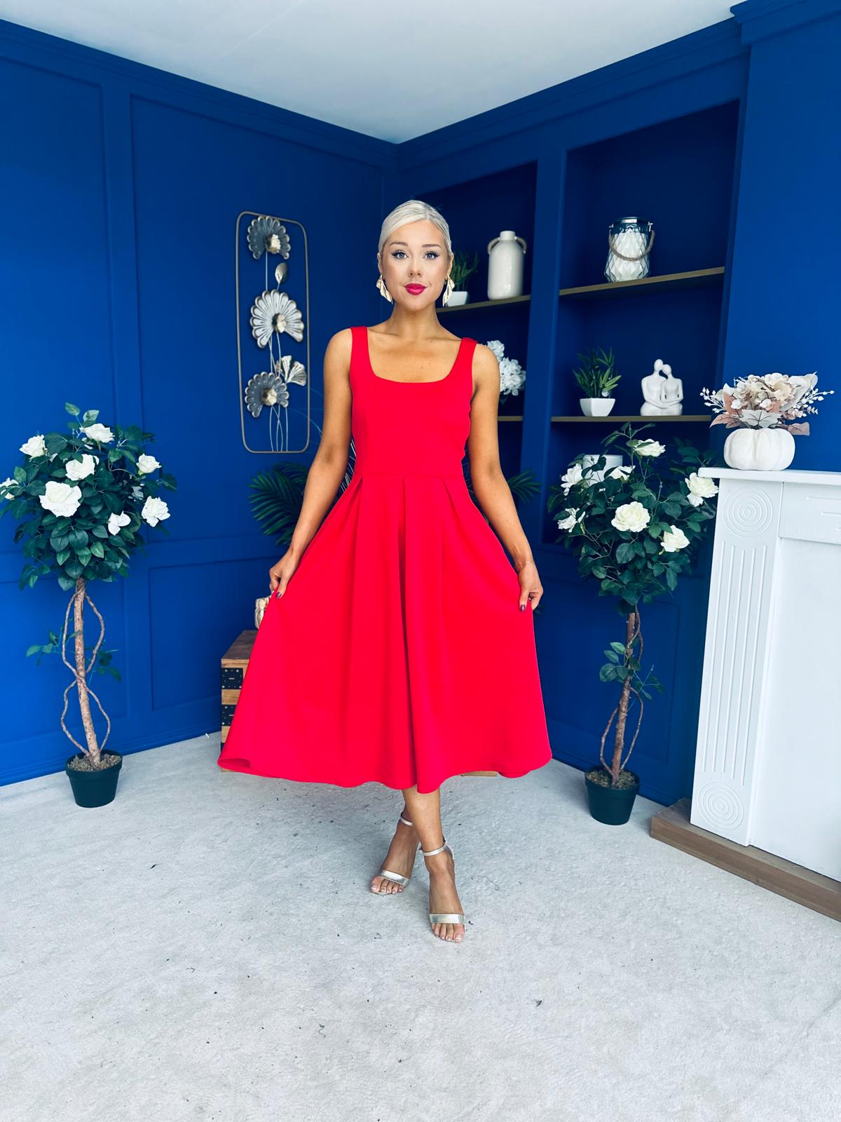 Erica Square Neck Midi Dress Red