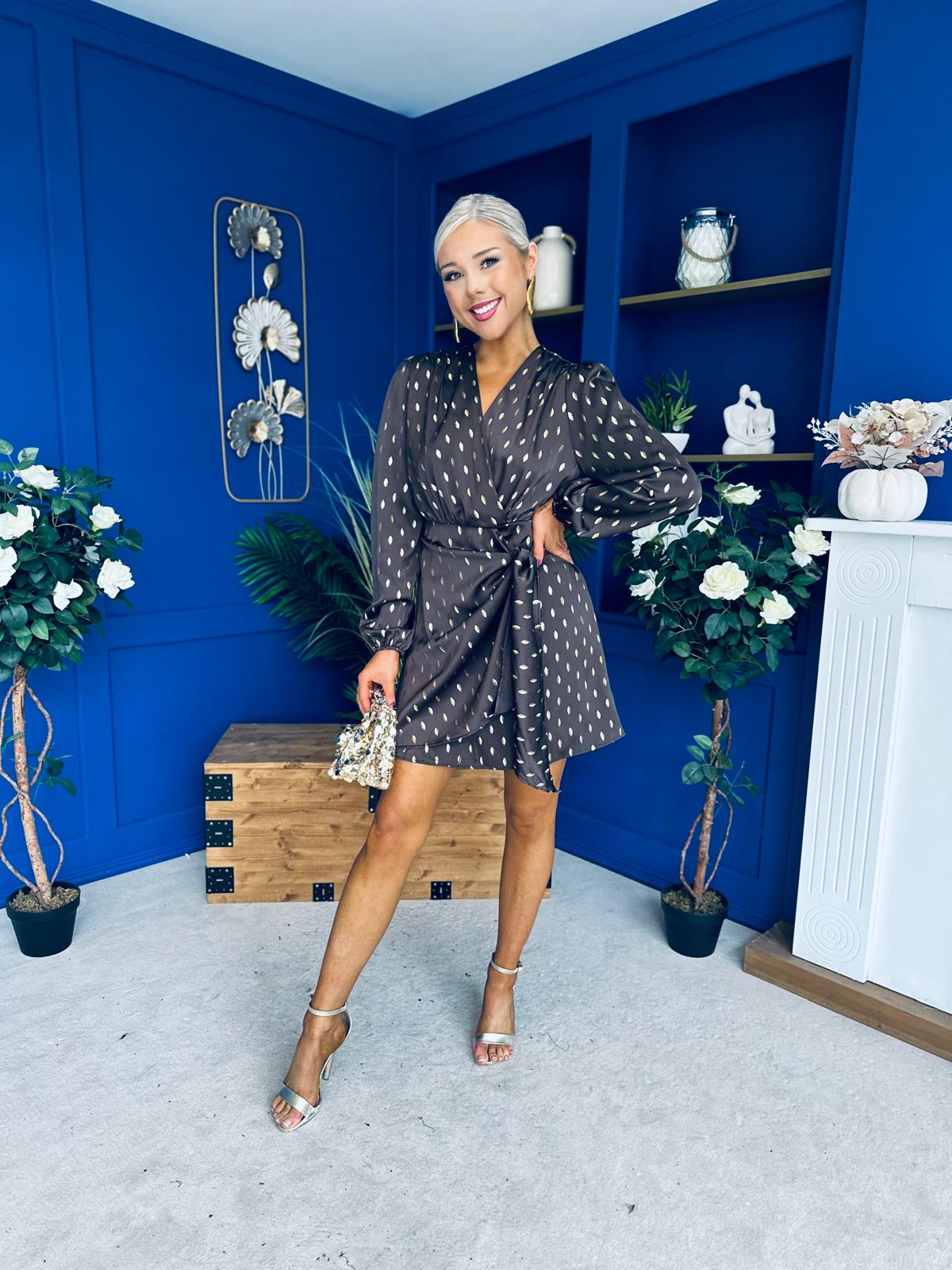 Cait Gold Leaf Mini Dress Coffee