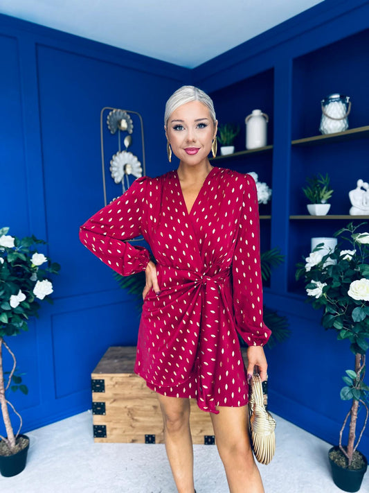 Cait Gold Leaf Mini Dress Wine
