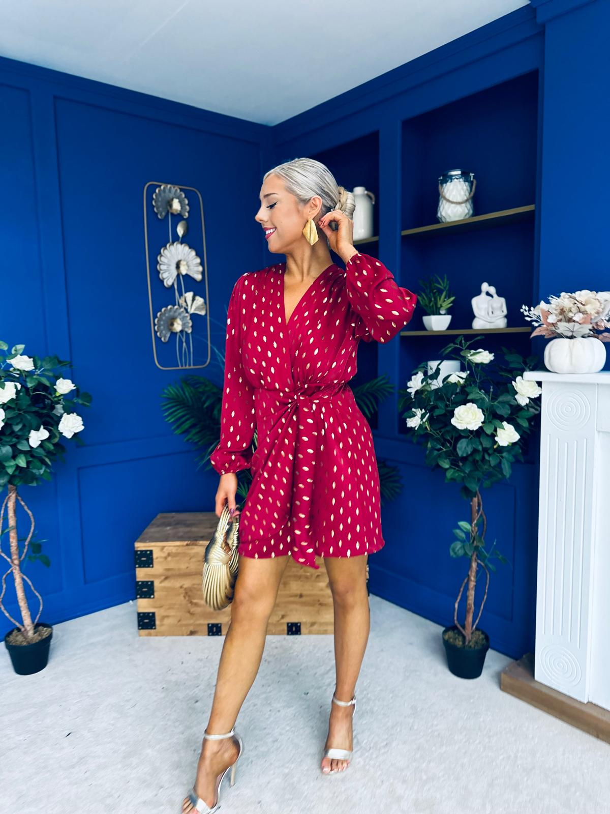 Cait Gold Leaf Mini Dress Wine