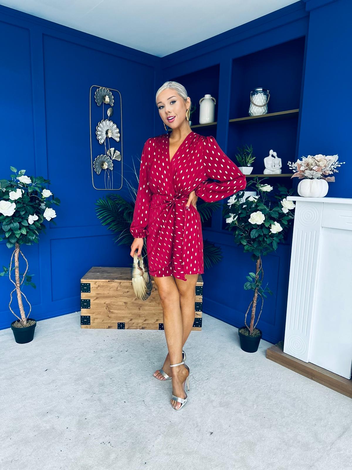 Cait Gold Leaf Mini Dress Wine