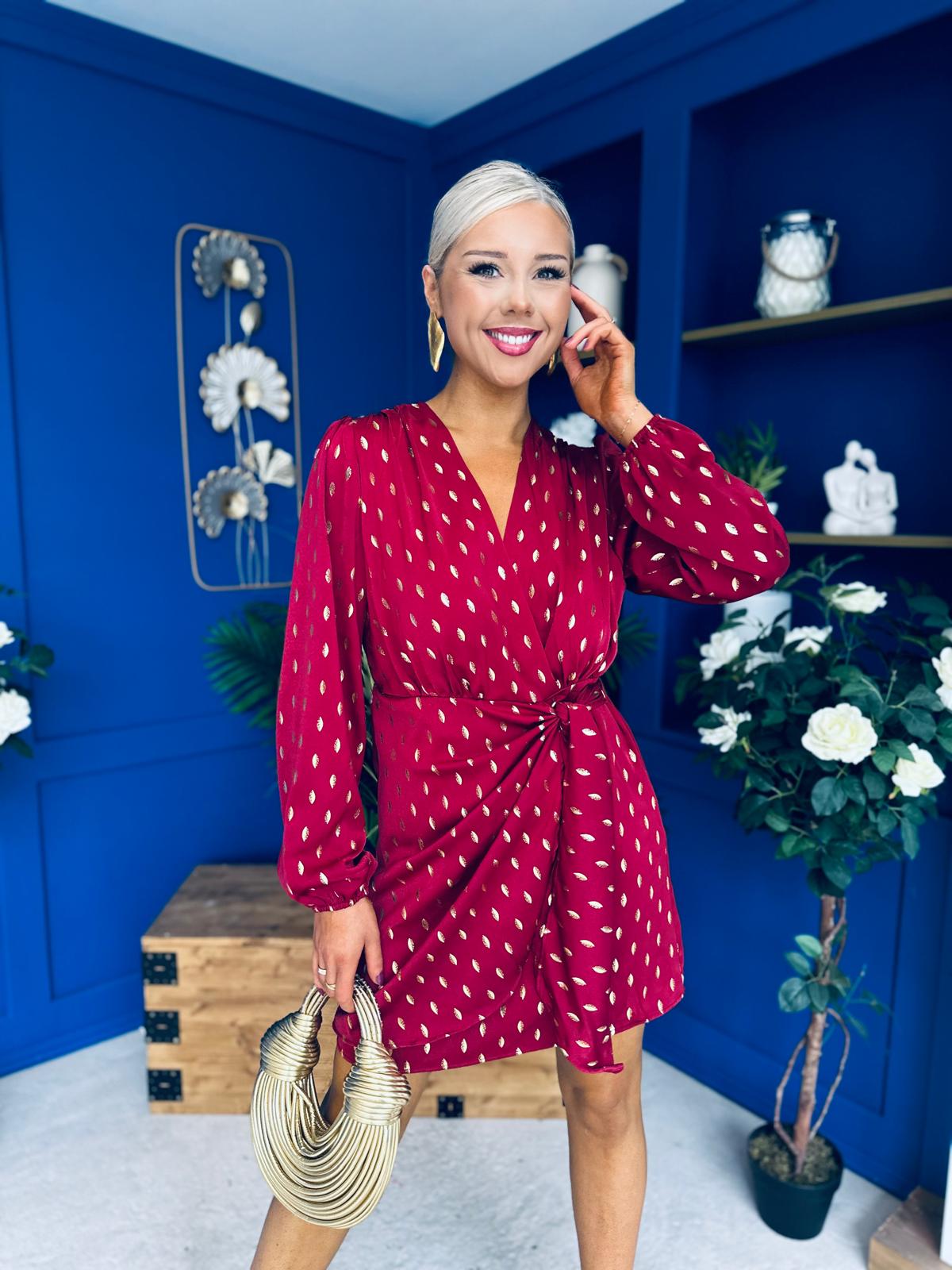 Cait Gold Leaf Mini Dress Wine
