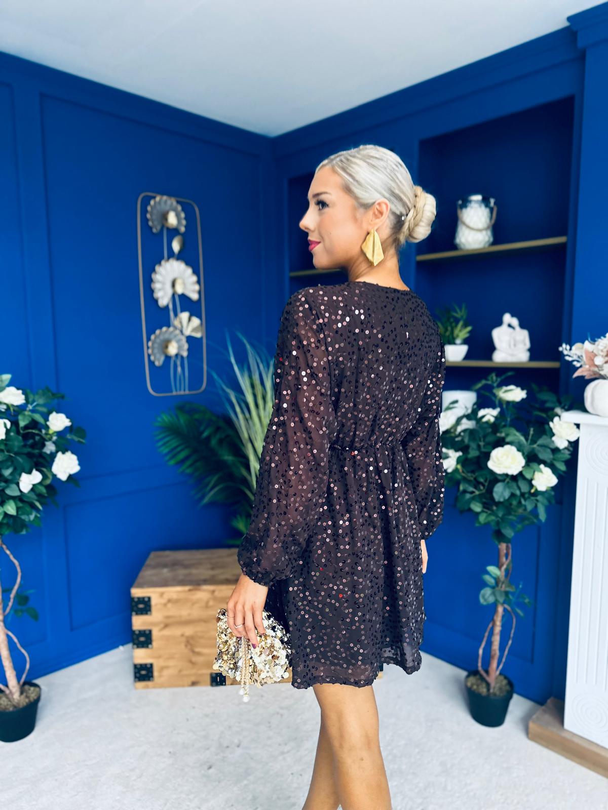 Maire Detailed Sequin Mini Dress Coffee