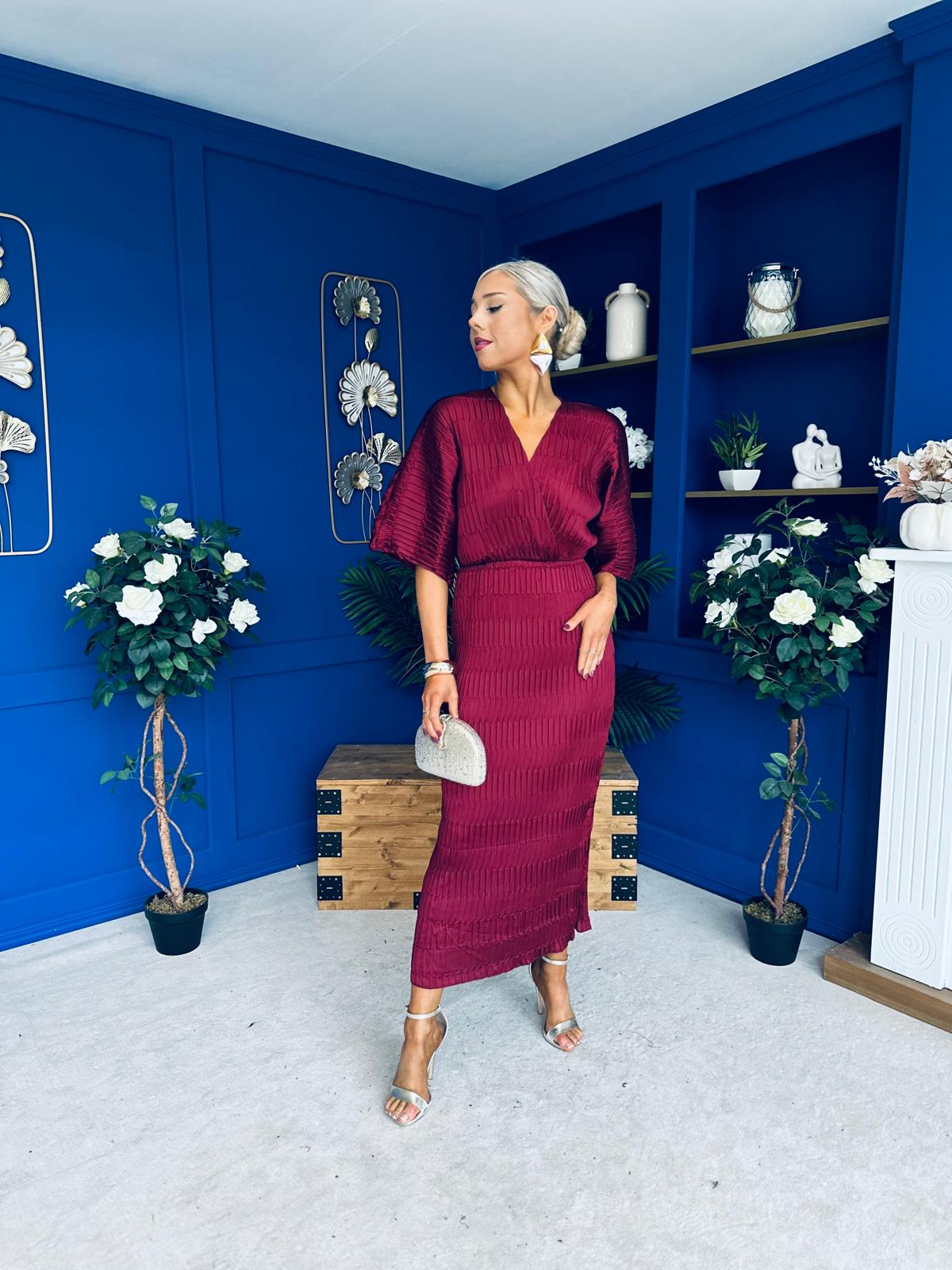 Willow Plisse Detail Midi Dress Wine