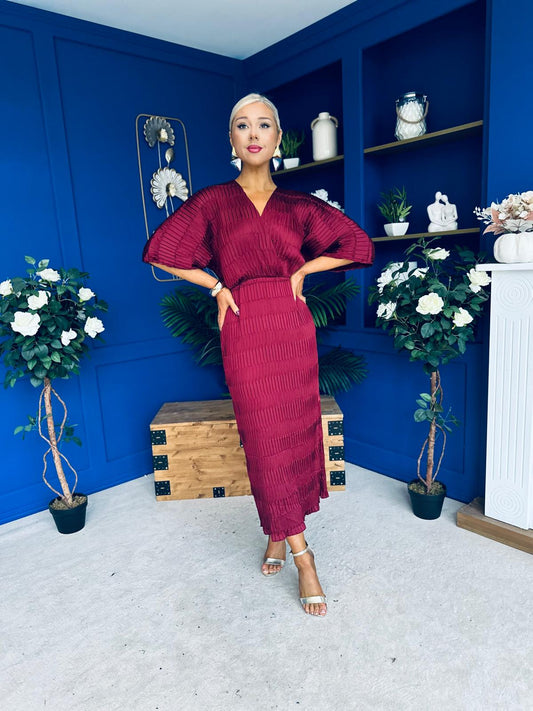 Willow Plisse Detail Midi Dress Wine