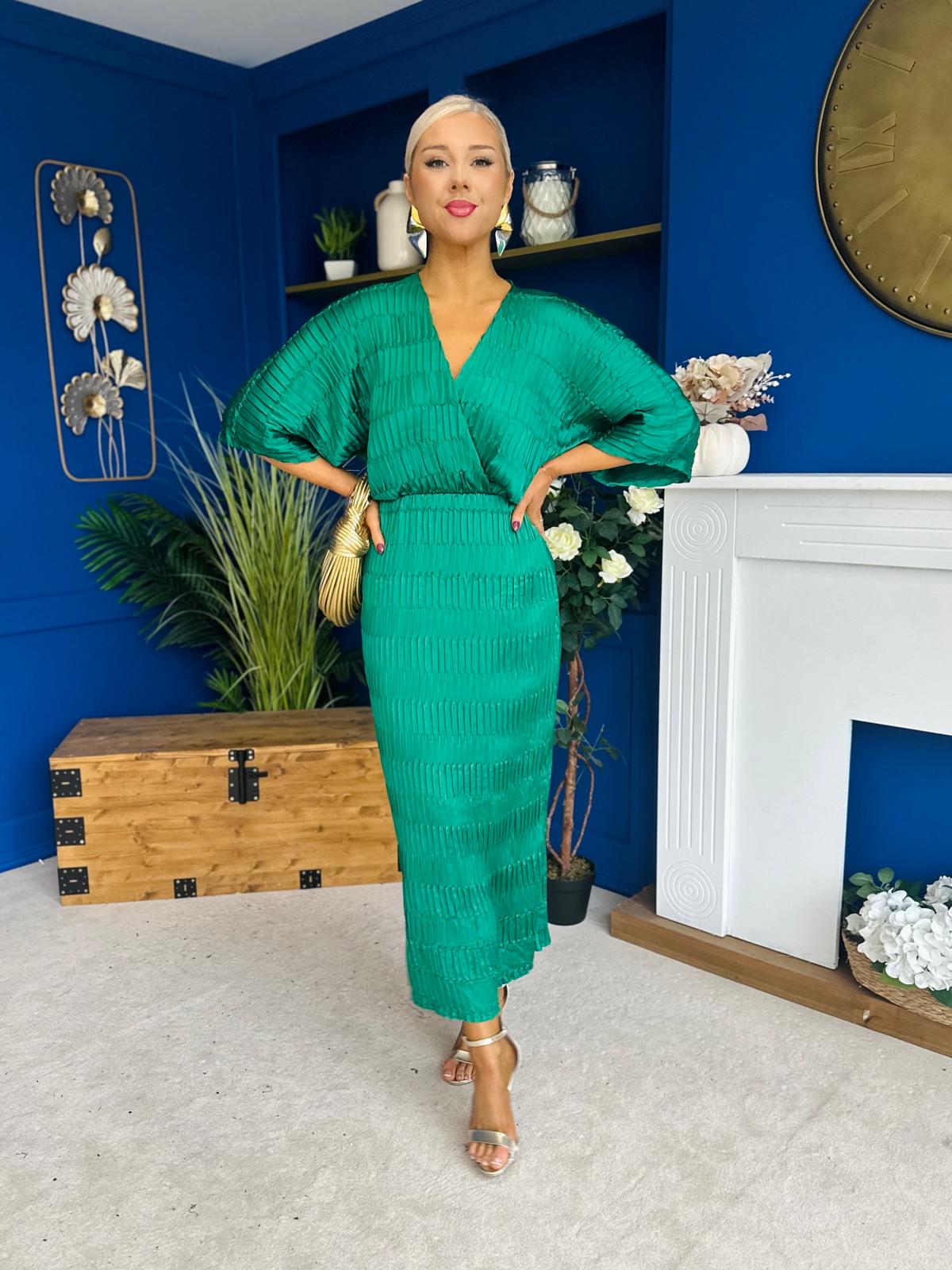 Willow Plisse Detail Midi Dress Green