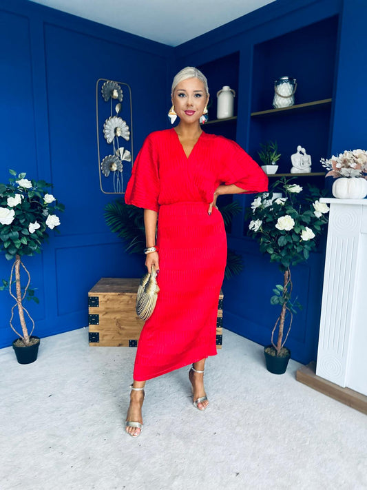 Willow Plisse Detail Midi Dress Red