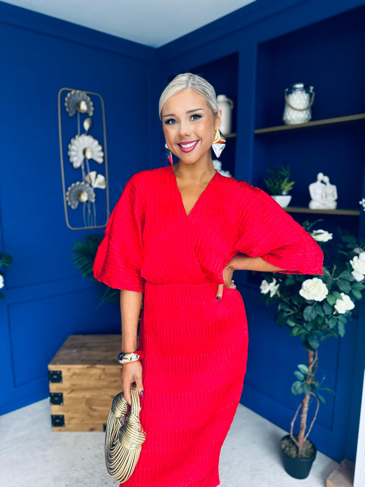 Willow Plisse Detail Midi Dress Red