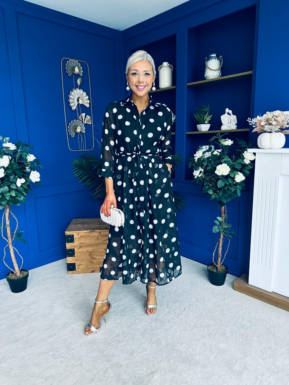 Angela Long Sleeve Maxi Shirt Dress Spot Burnout Black