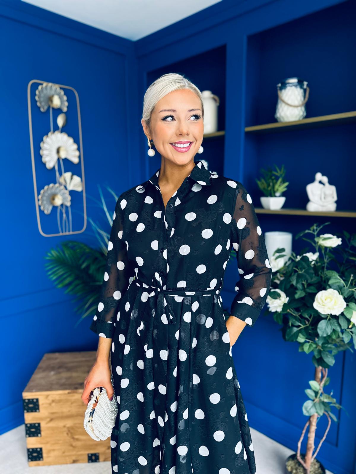 Angela Long Sleeve Maxi Shirt Dress Spot Burnout Black