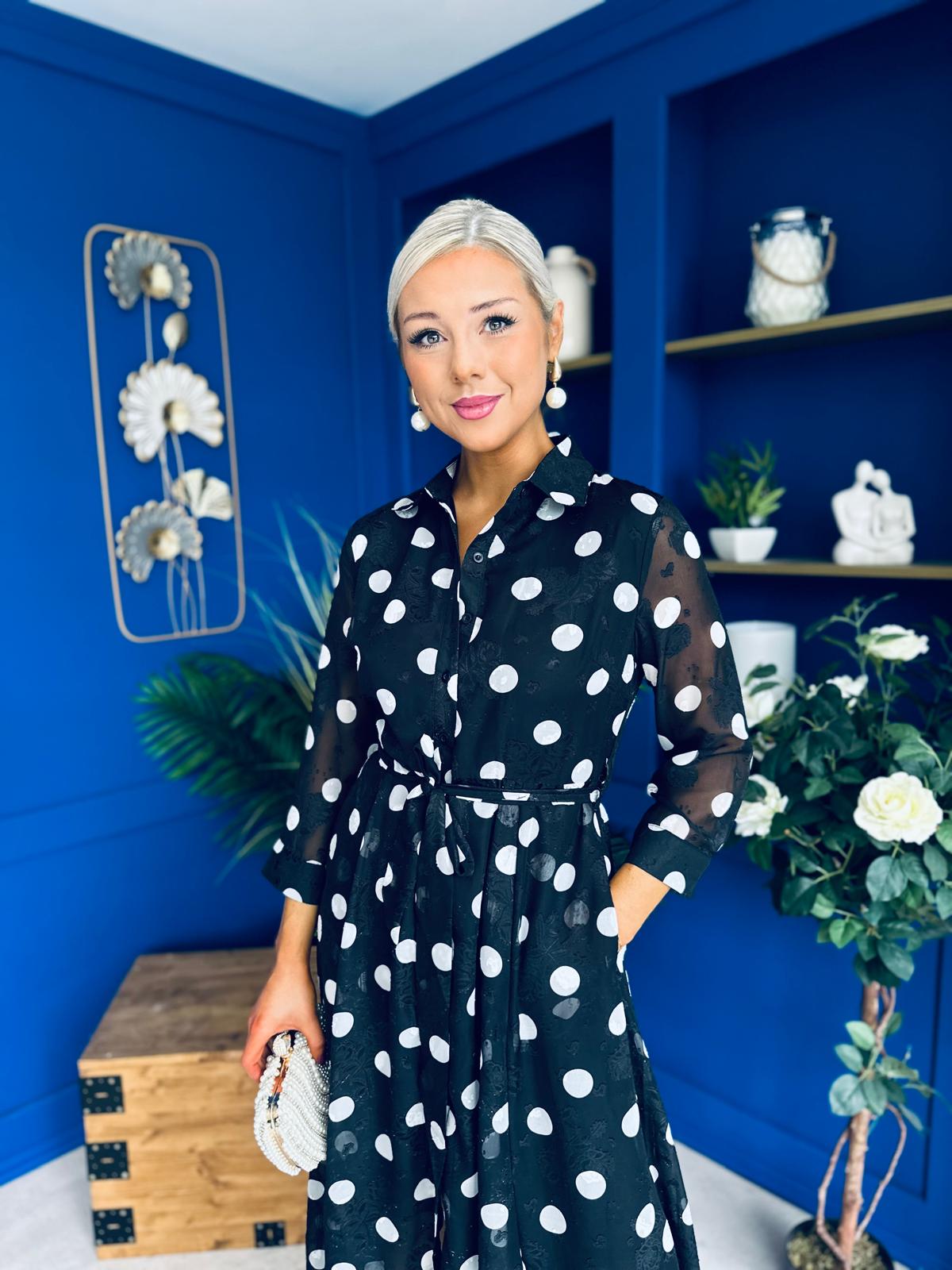 Angela Long Sleeve Maxi Shirt Dress Spot Burnout Black