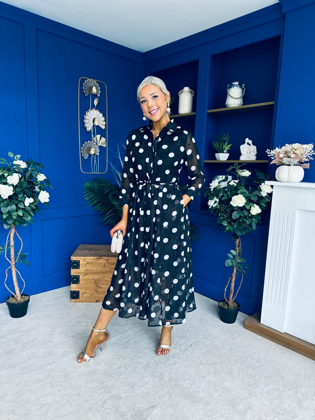 Angela Long Sleeve Maxi Shirt Dress Spot Burnout Black