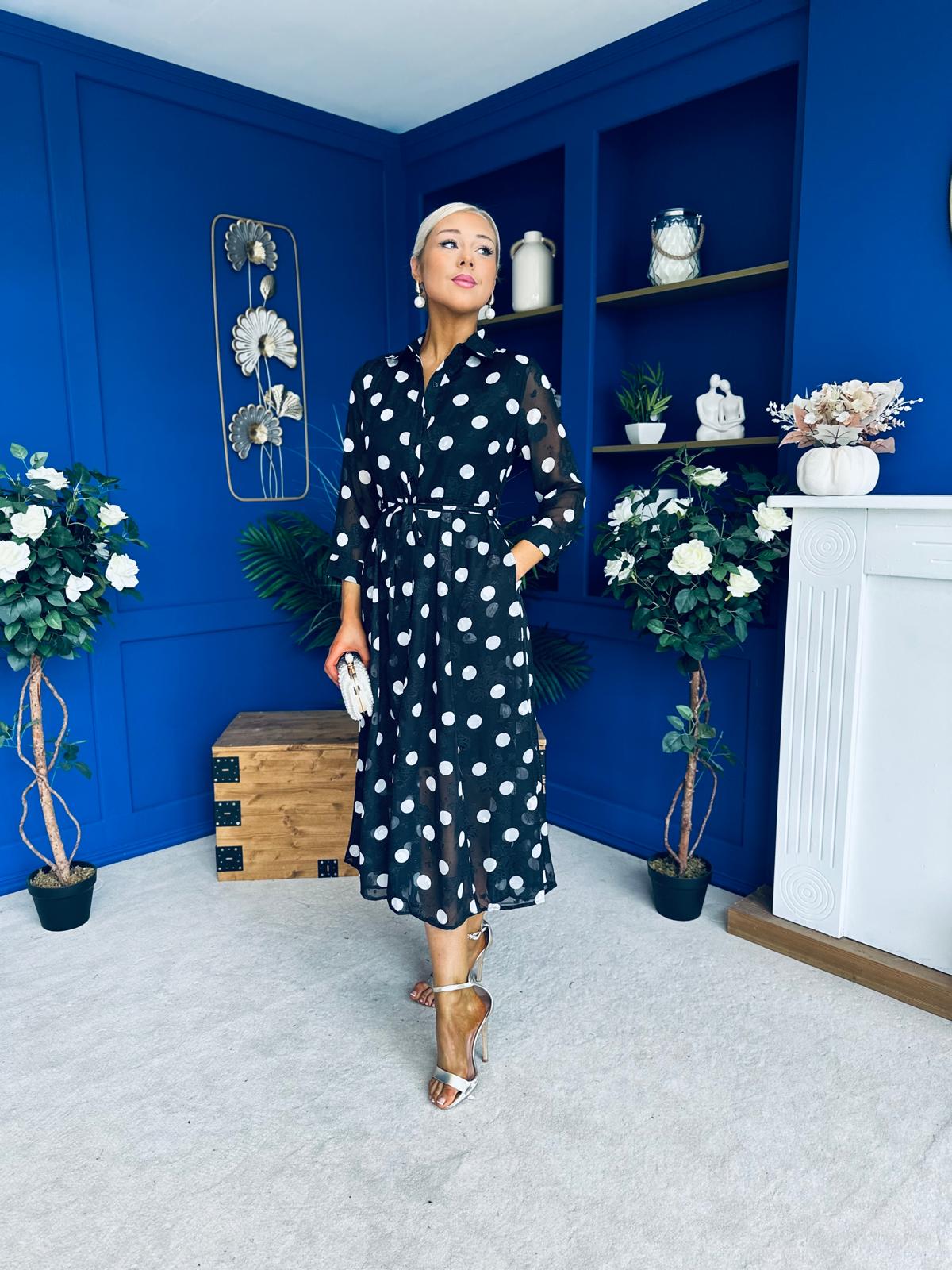 Angela Long Sleeve Maxi Shirt Dress Spot Burnout Black