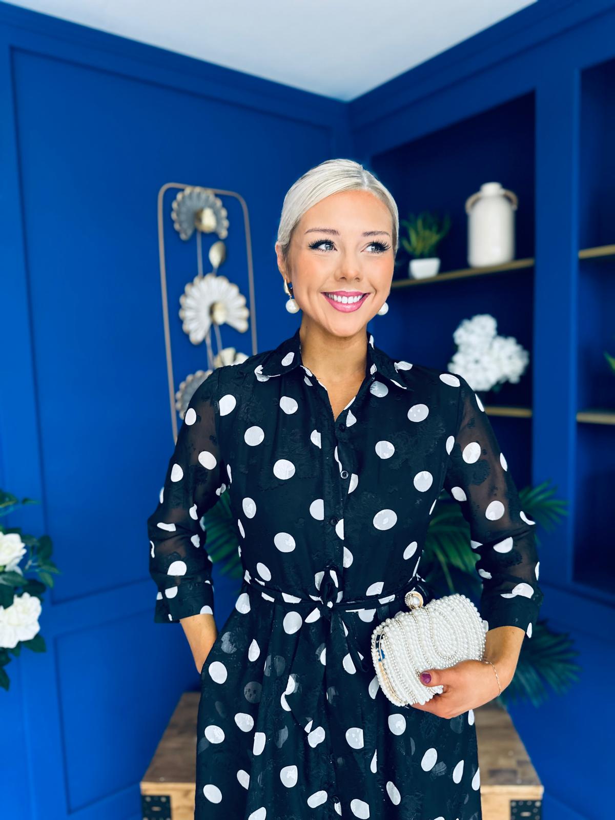 Angela Long Sleeve Maxi Shirt Dress Spot Burnout Black