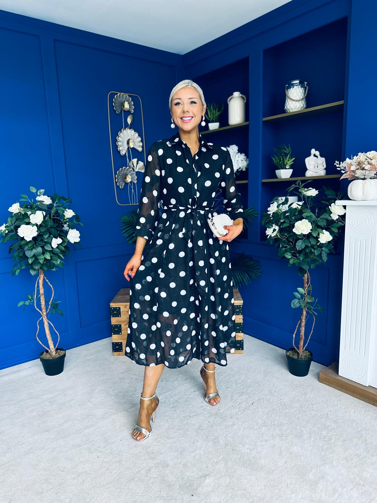 Angela Long Sleeve Maxi Shirt Dress Spot Burnout Black