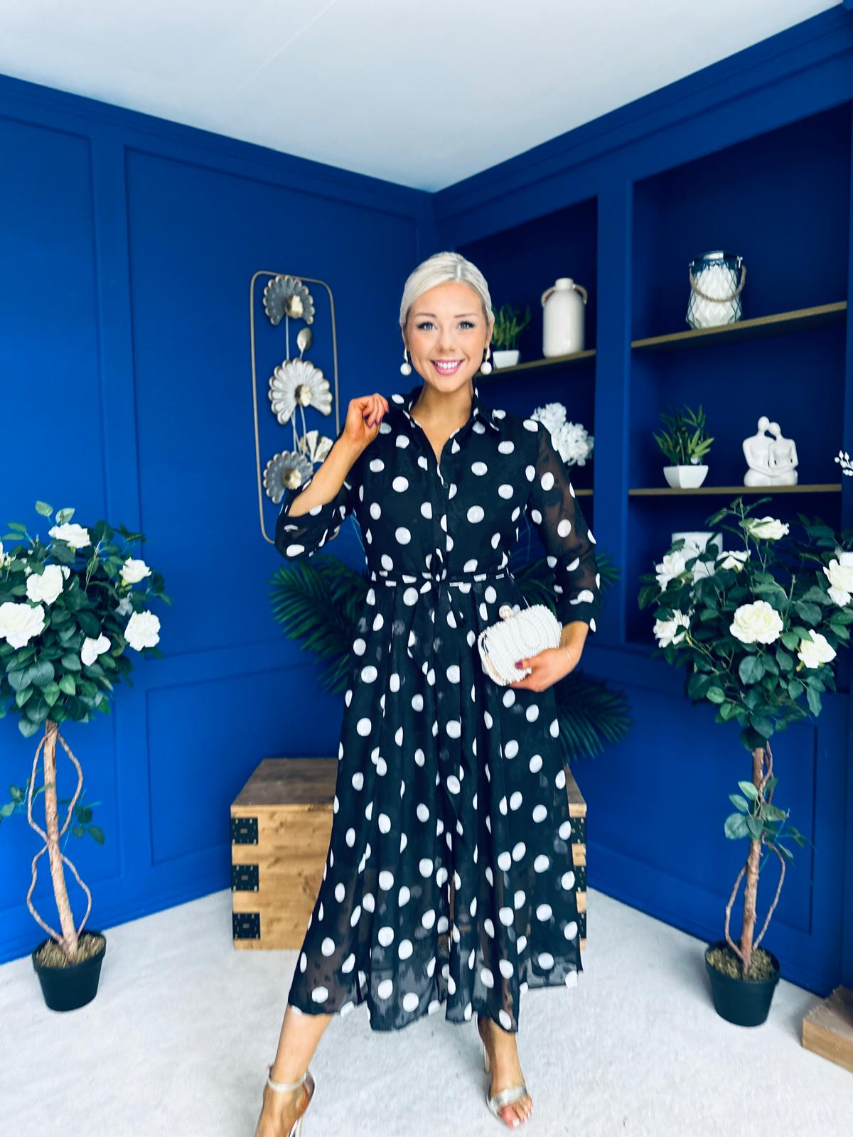 Angela Long Sleeve Maxi Shirt Dress Spot Burnout Black