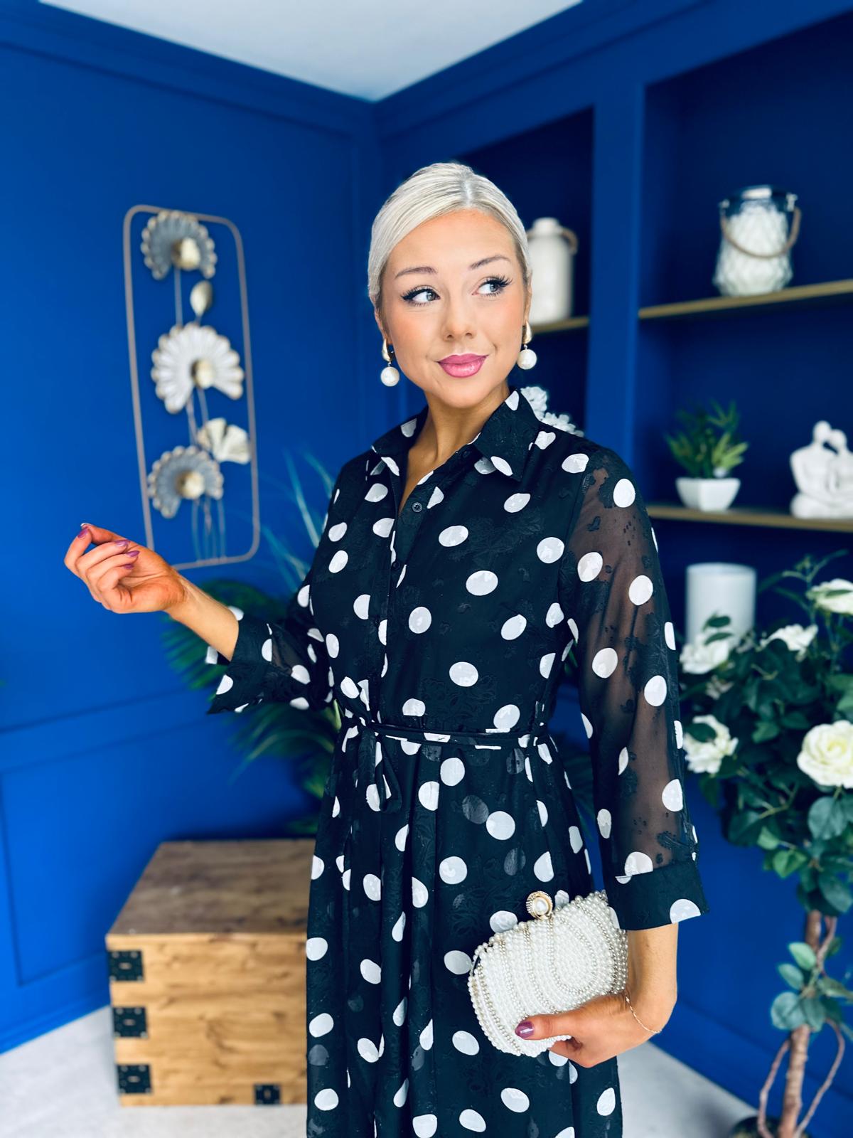 Angela Long Sleeve Maxi Shirt Dress Spot Burnout Black