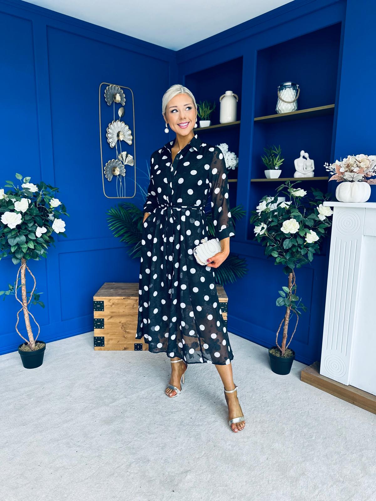 Angela Long Sleeve Maxi Shirt Dress Spot Burnout Black