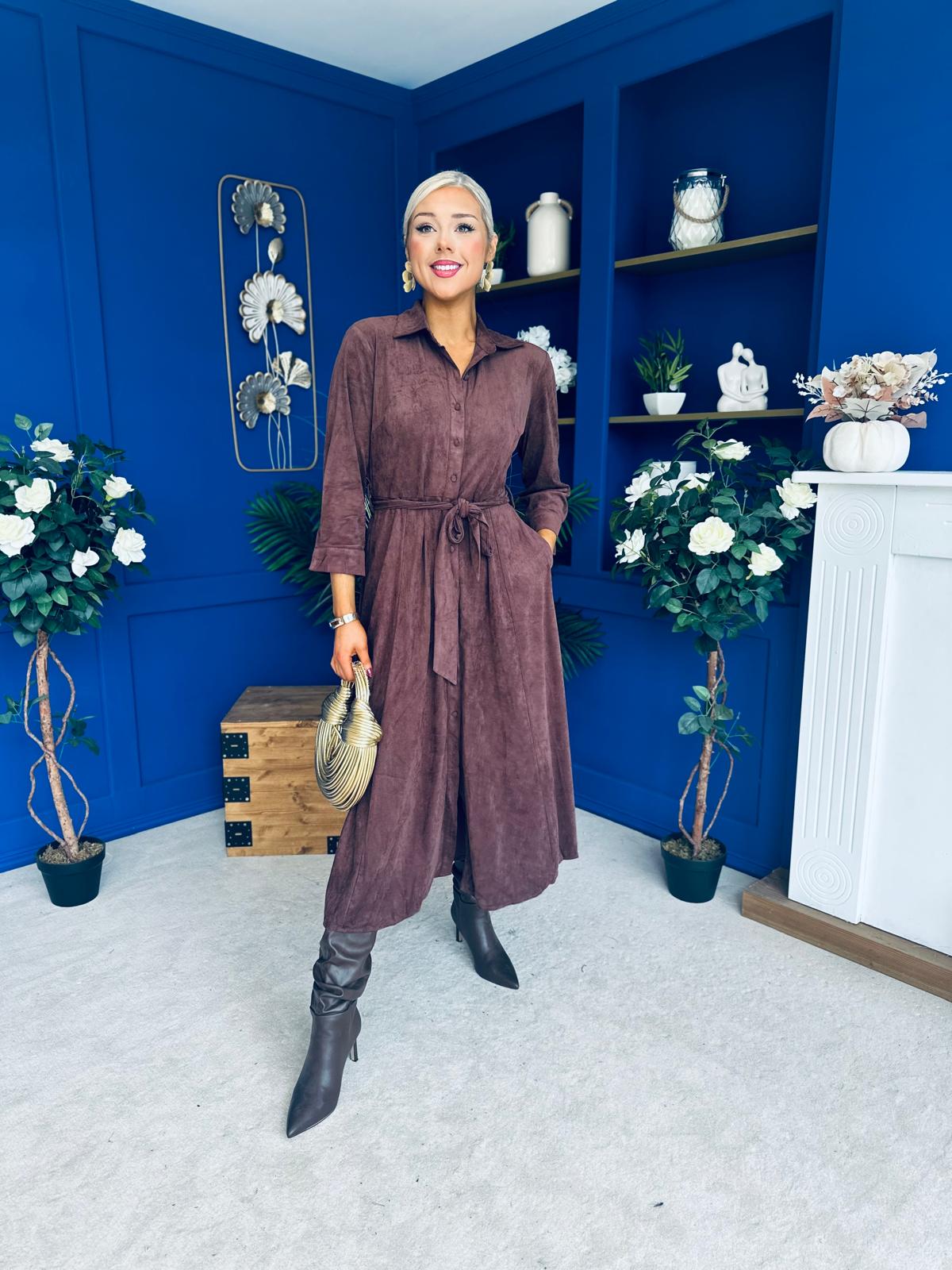 Angela Long Sleeve Maxi Shirt Dress Suede Chocolate