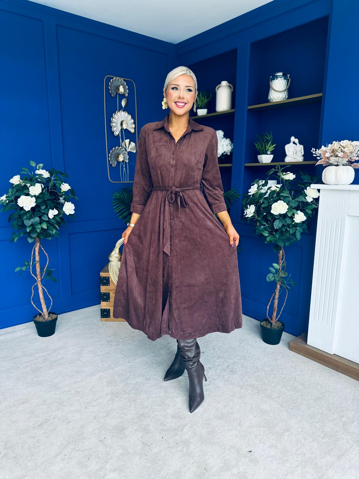 Angela Long Sleeve Maxi Shirt Dress Suede Chocolate