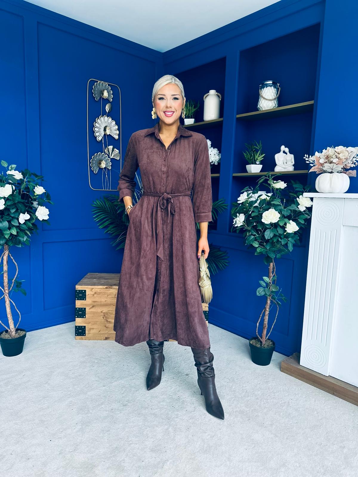 Angela Long Sleeve Maxi Shirt Dress Suede Chocolate