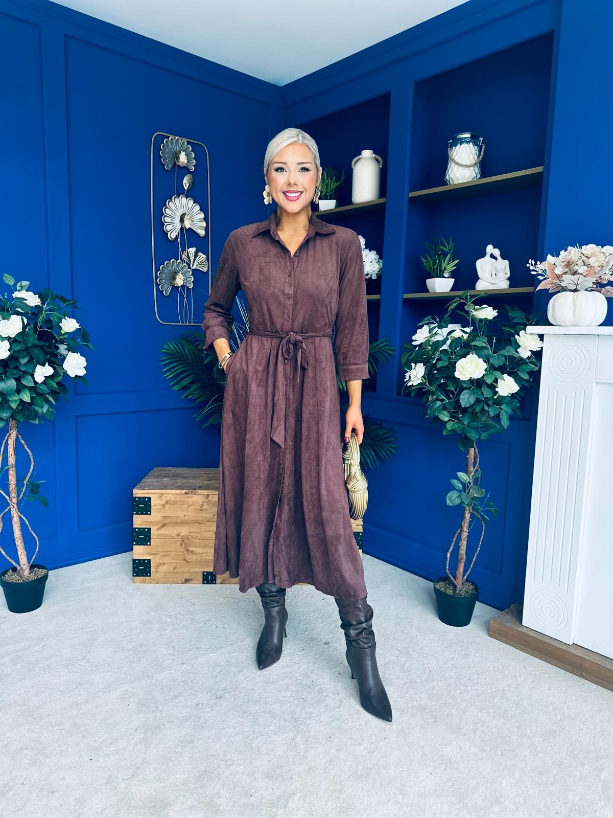 Angela Long Sleeve Maxi Shirt Dress Suede Chocolate