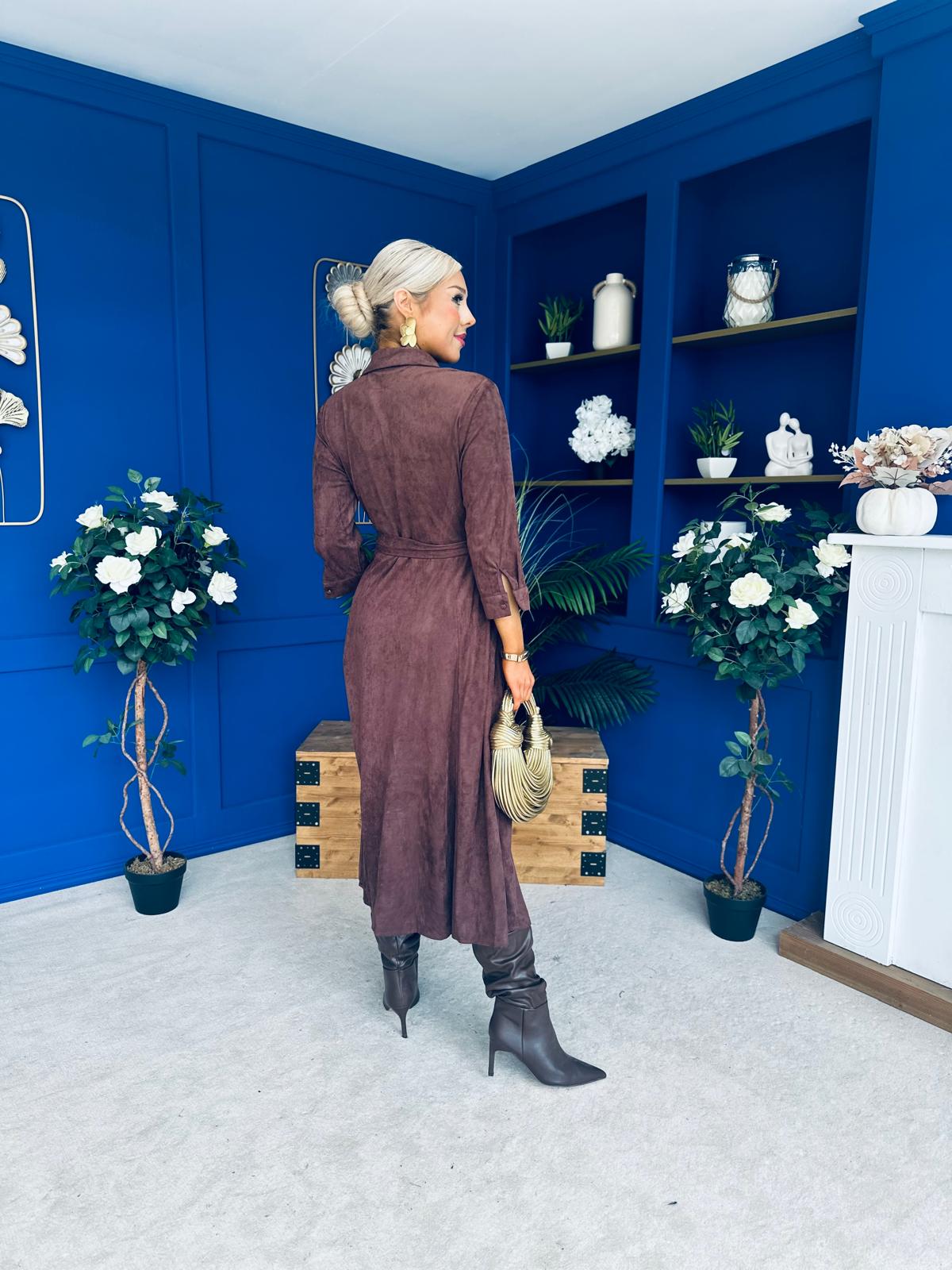 Angela Long Sleeve Maxi Shirt Dress Suede Chocolate