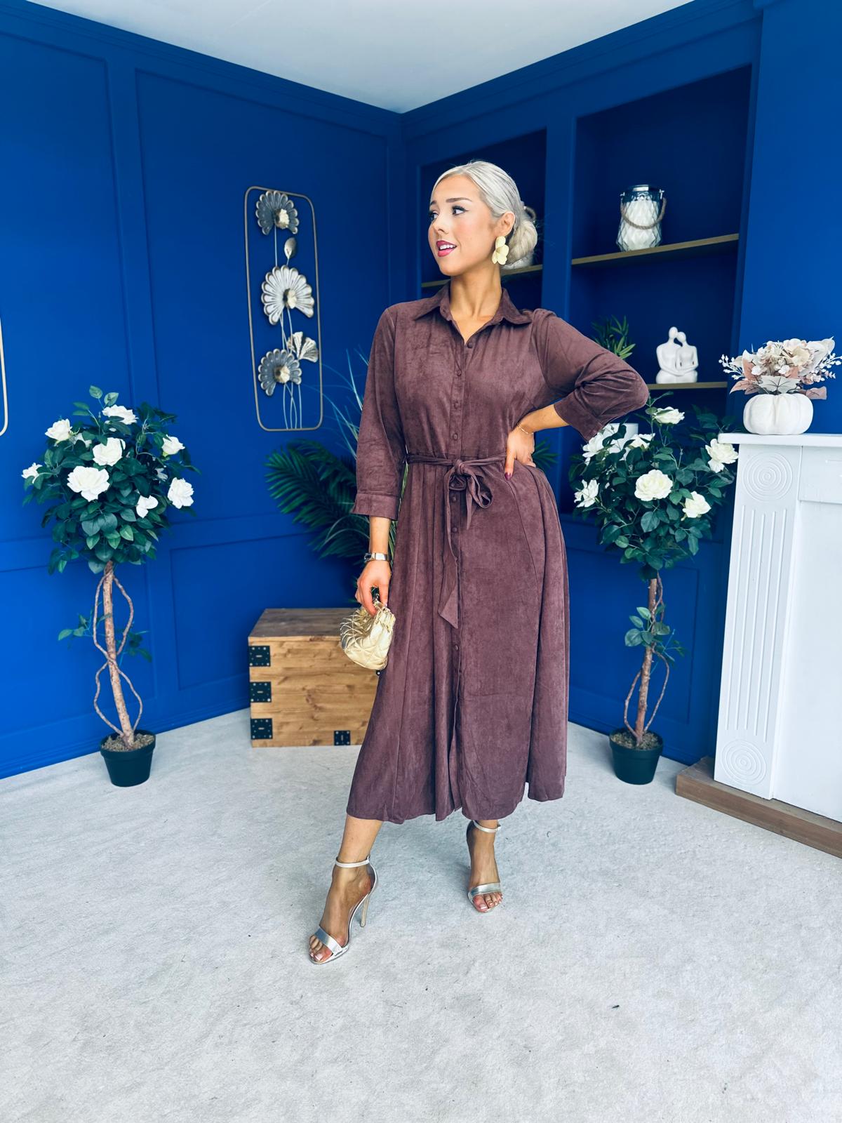 Angela Long Sleeve Maxi Shirt Dress Suede Chocolate