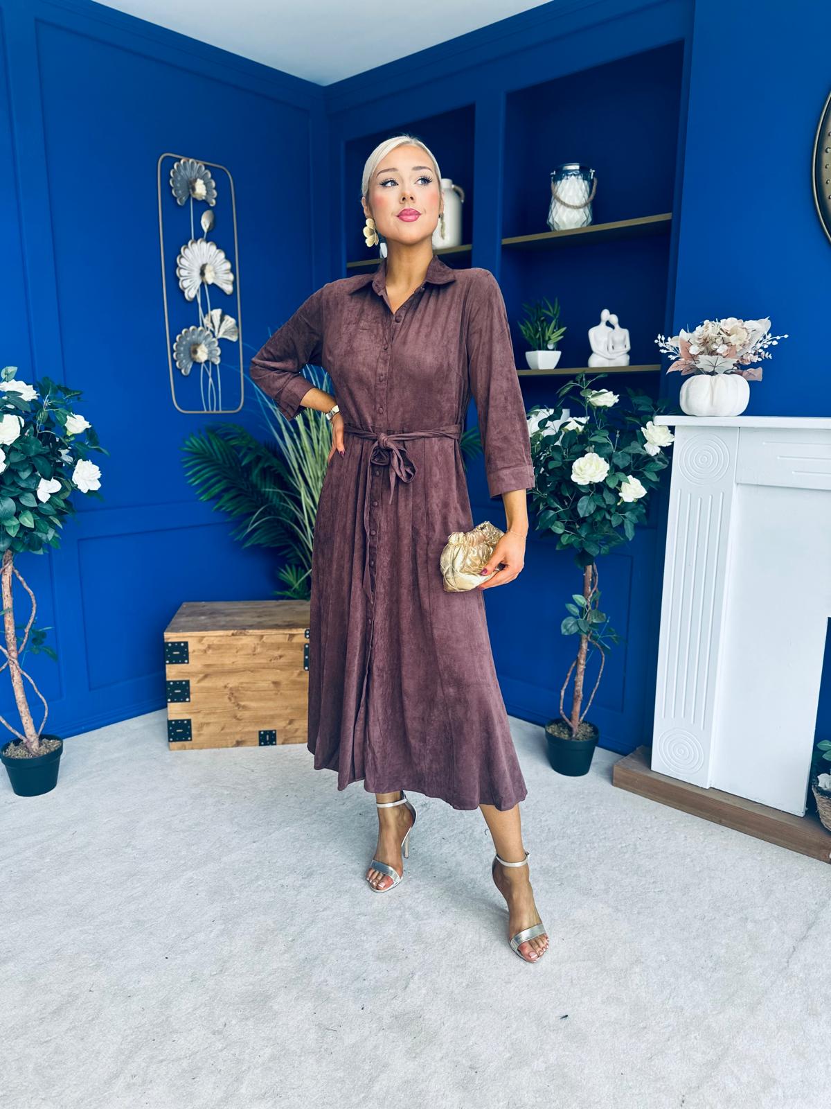 Angela Long Sleeve Maxi Shirt Dress Suede Chocolate