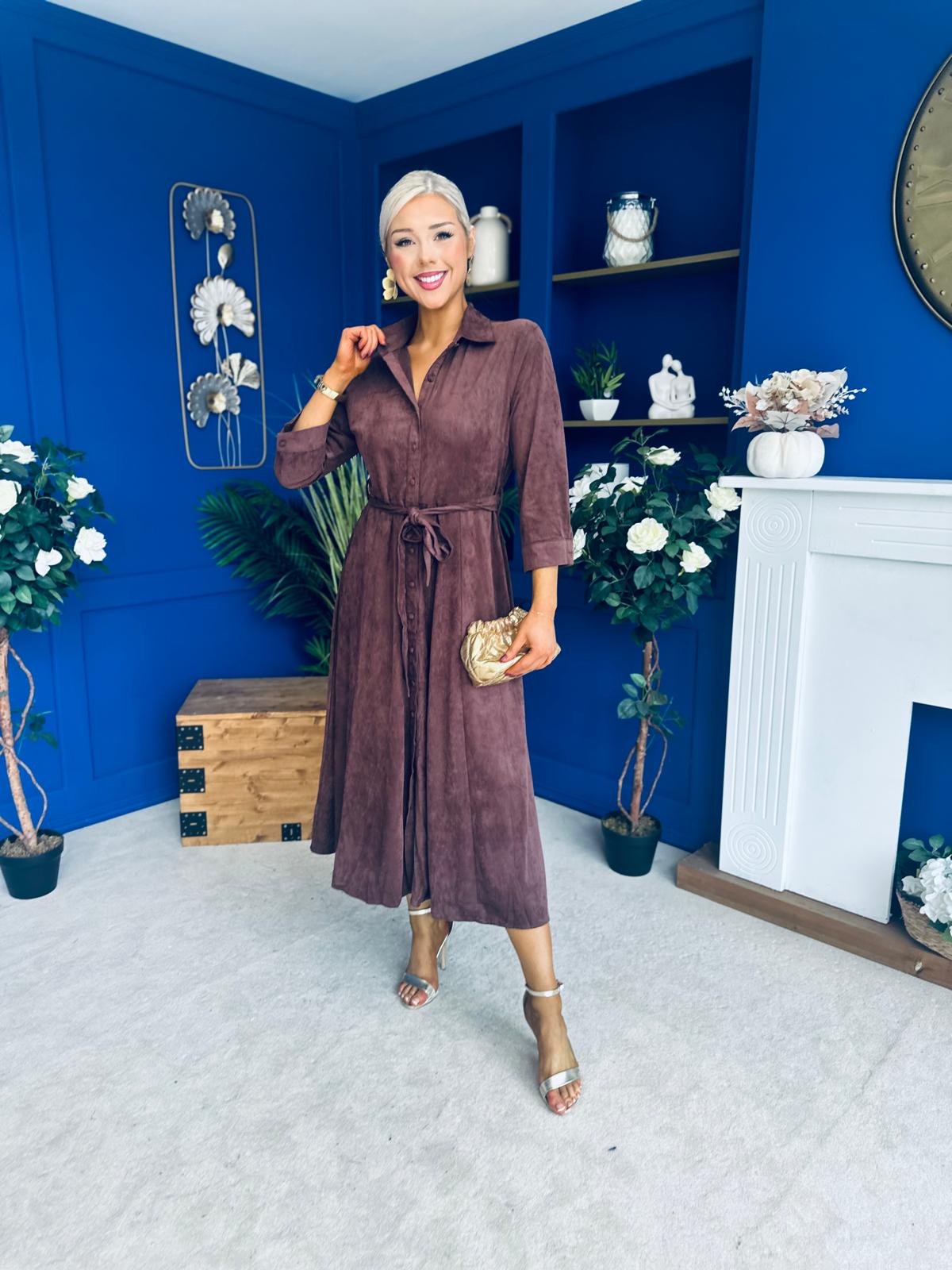 Angela Long Sleeve Maxi Shirt Dress Suede Chocolate