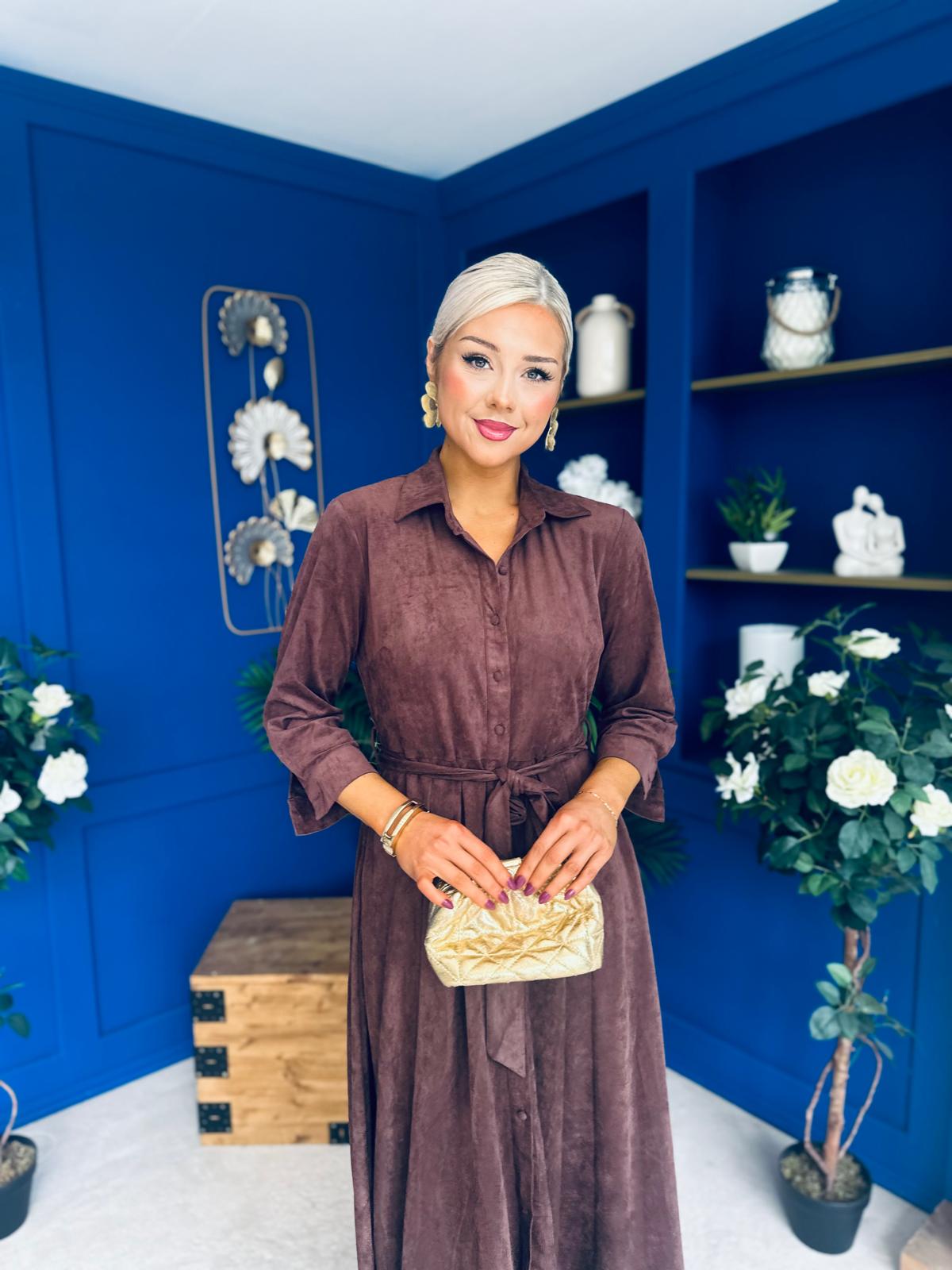 Angela Long Sleeve Maxi Shirt Dress Suede Chocolate