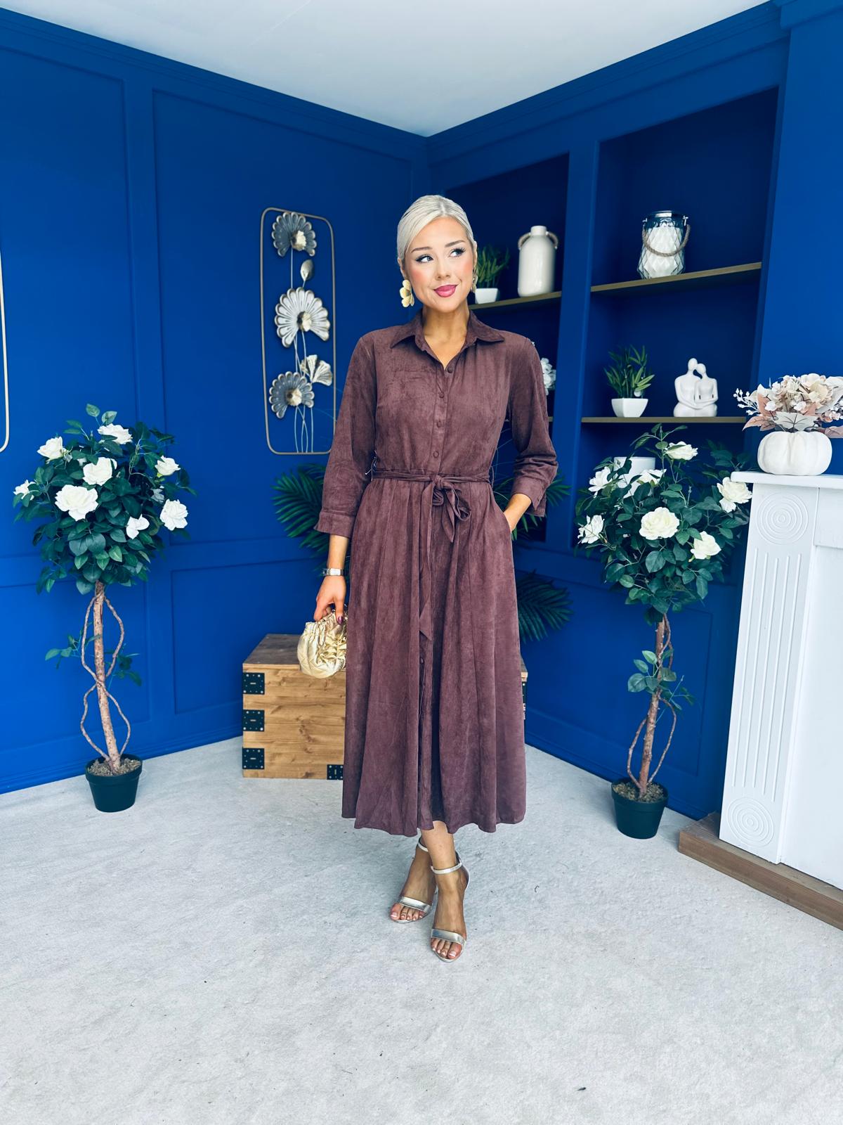 Angela Long Sleeve Maxi Shirt Dress Suede Chocolate