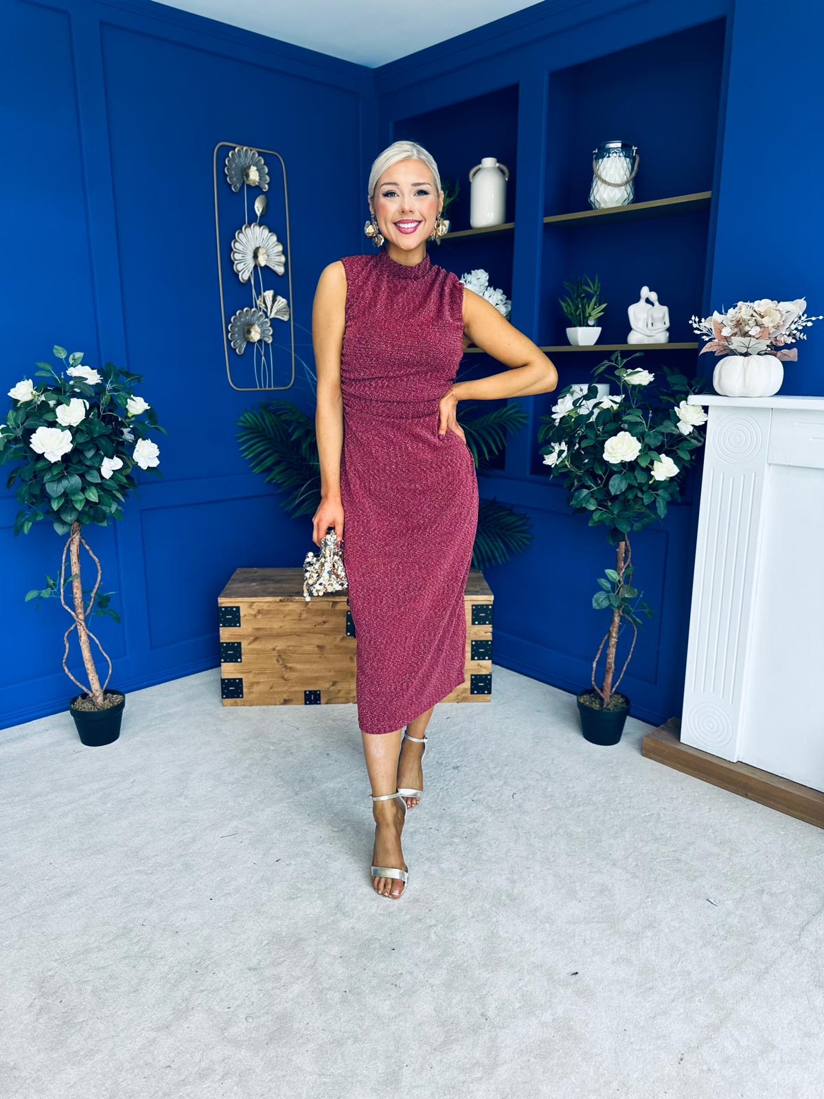 Calista Gathered Shimmer Maxi Dress Rouge