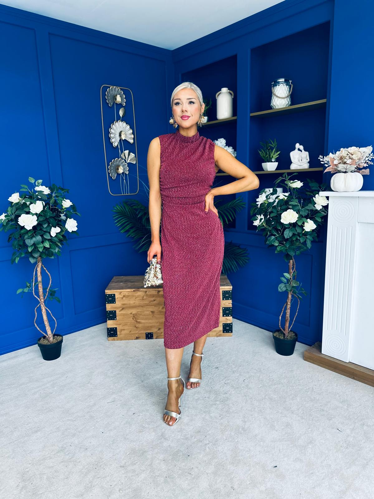 Calista Gathered Shimmer Maxi Dress Rouge