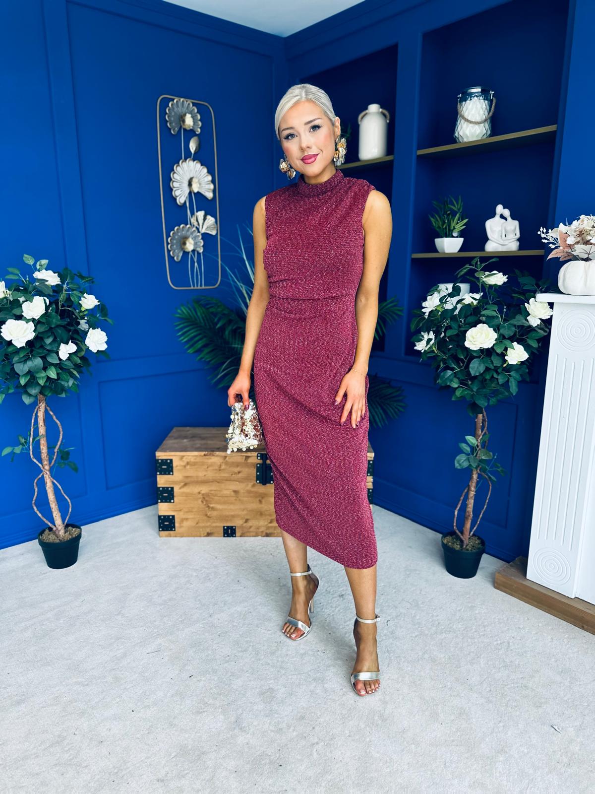 Calista Gathered Shimmer Maxi Dress Rouge