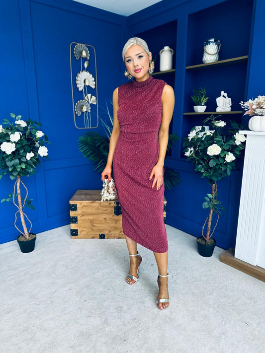 Calista Gathered Shimmer Maxi Dress Rouge