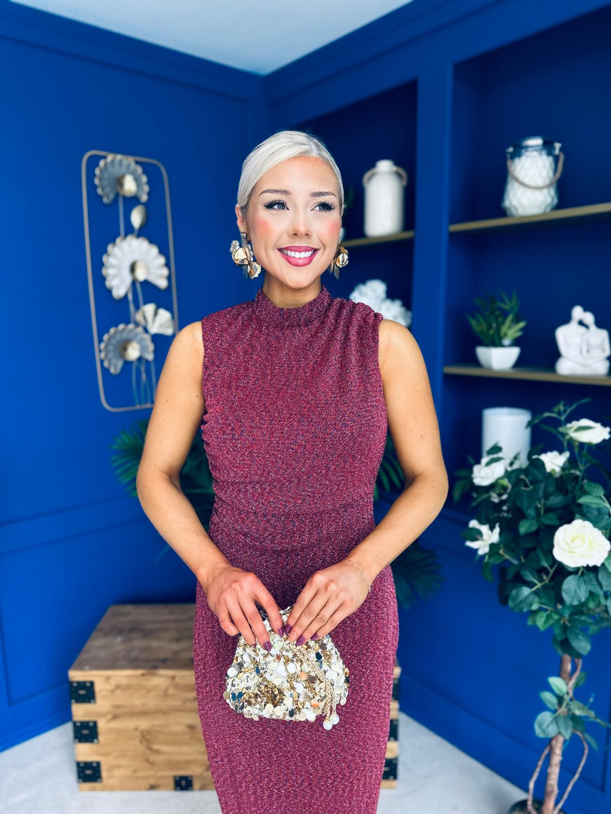 Calista Gathered Shimmer Maxi Dress Rouge