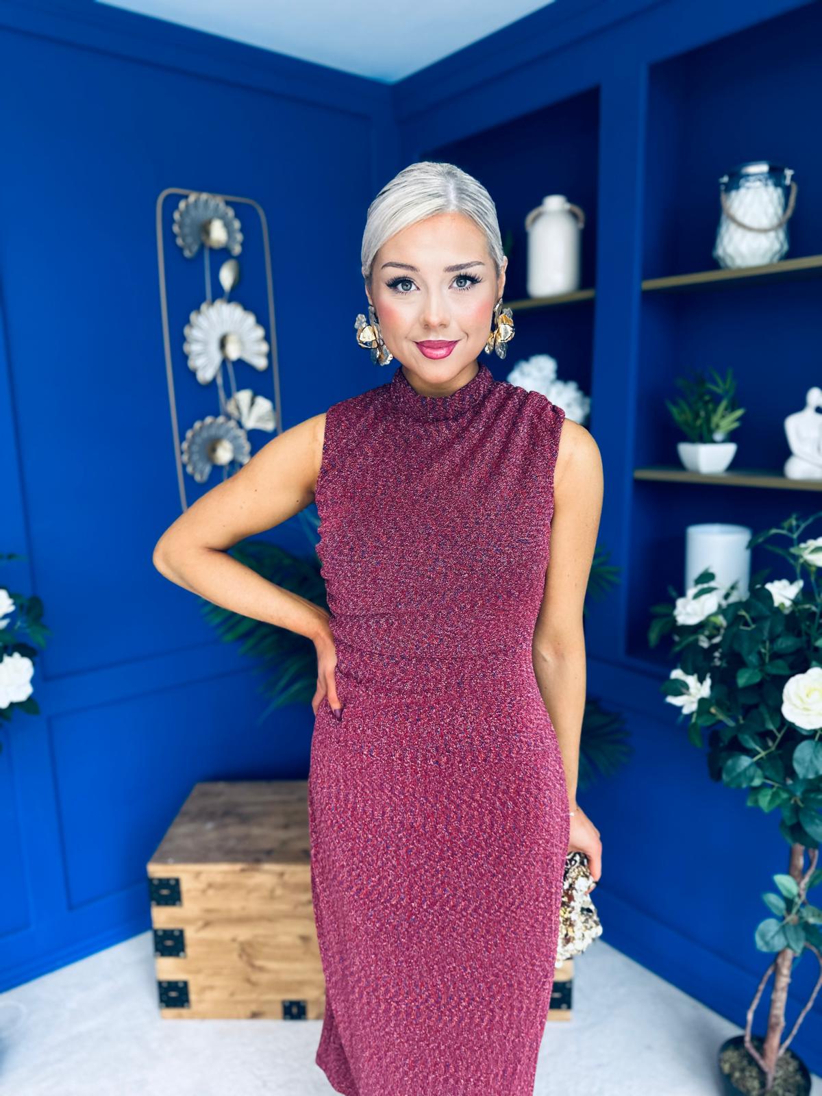 Calista Gathered Shimmer Maxi Dress Rouge