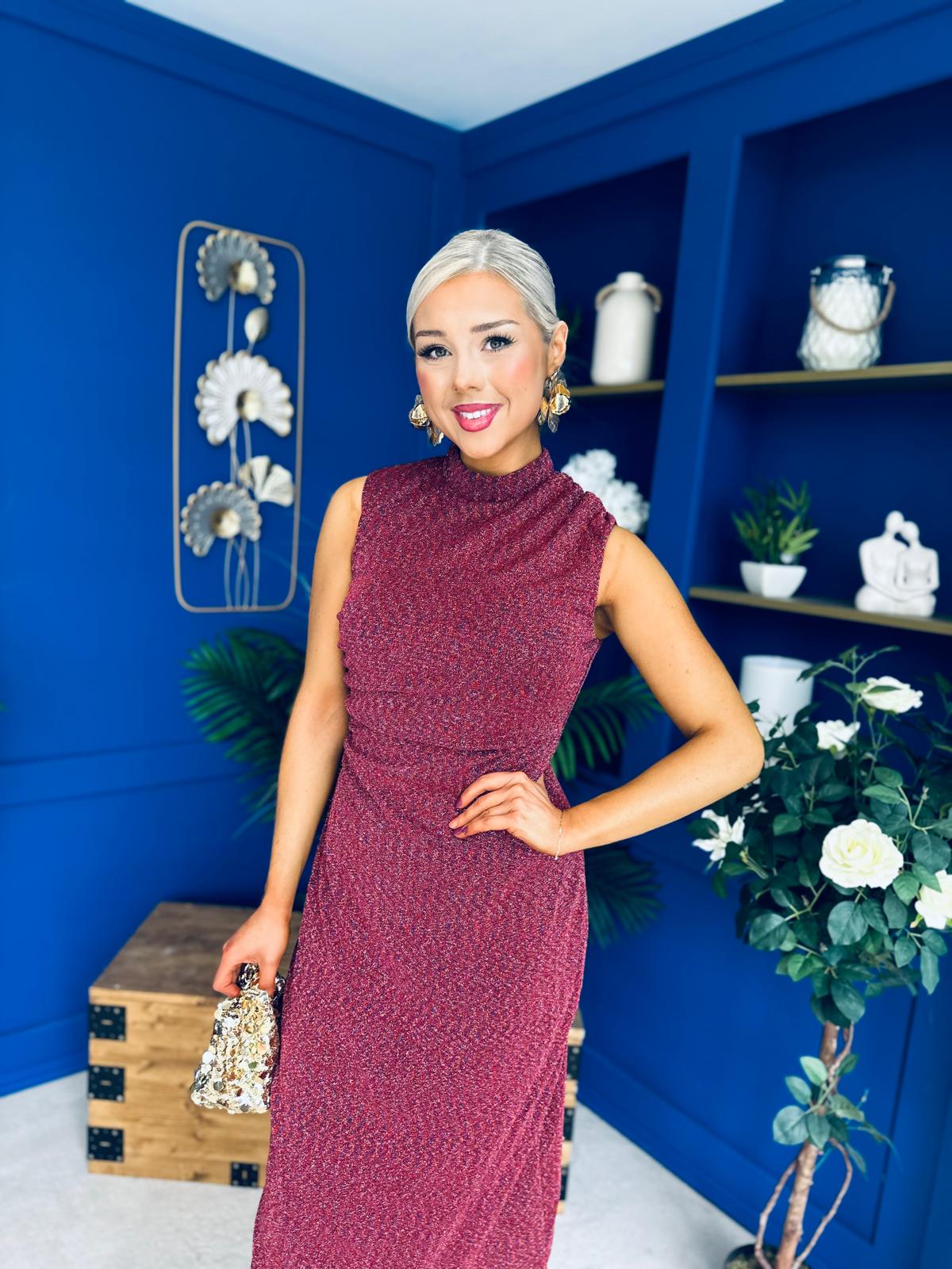 Calista Gathered Shimmer Maxi Dress Rouge