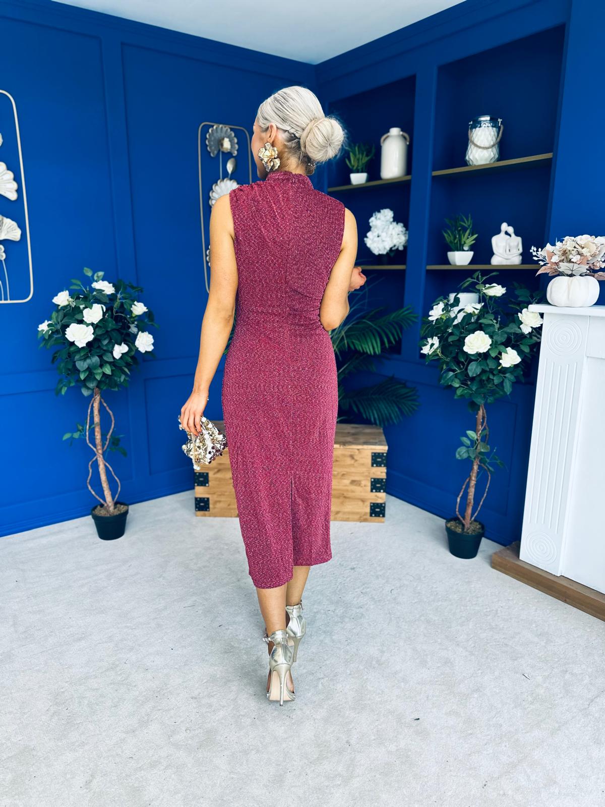 Calista Gathered Shimmer Maxi Dress Rouge