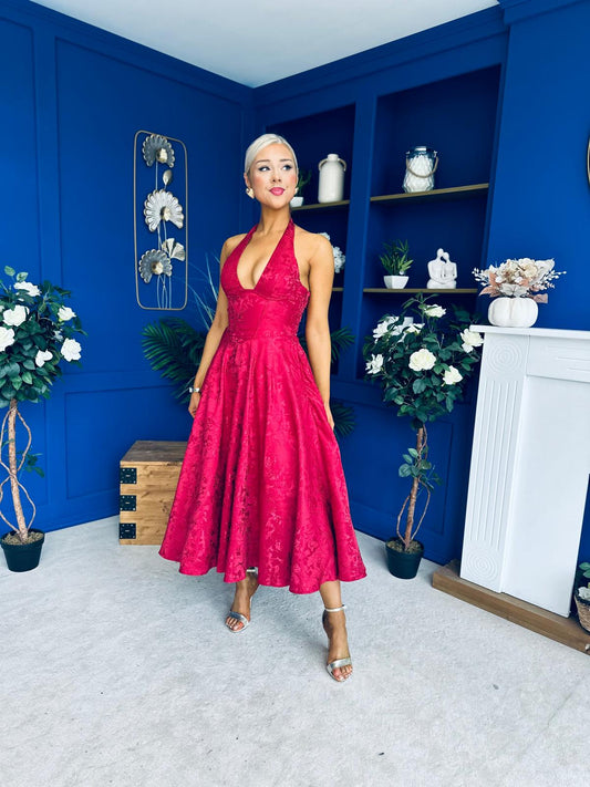 Diana Halterneck Jaquard Dress Wine