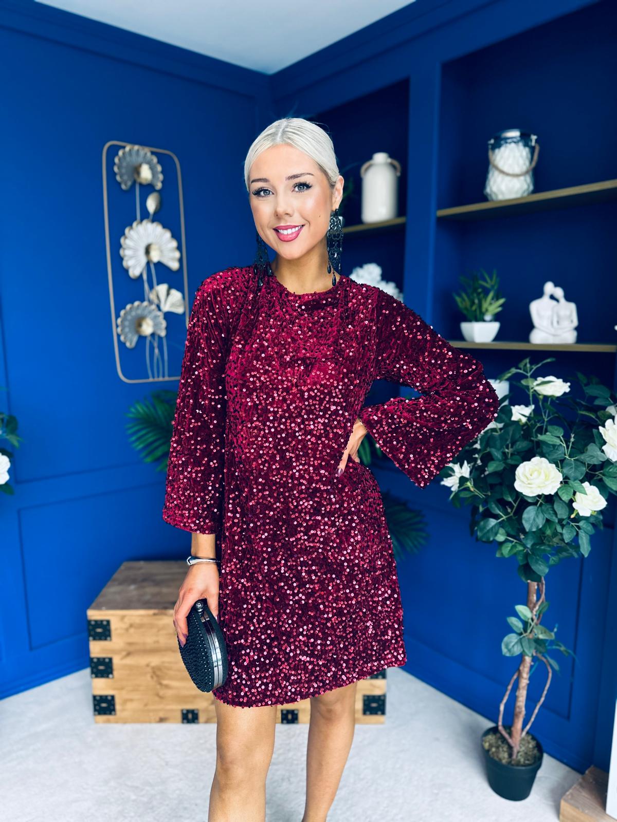 Marlie Bow Detail Sequin Mini Dress Burgundy