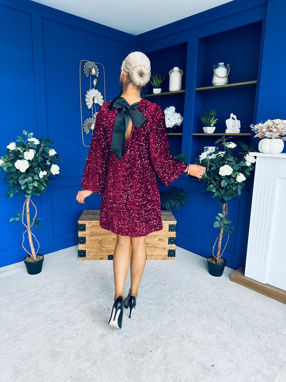 Marlie Bow Detail Sequin Mini Dress Burgundy