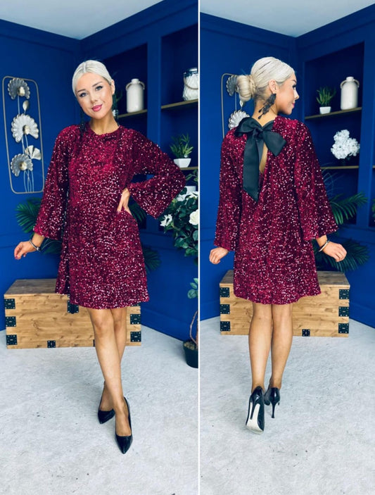 Marlie Bow Detail Sequin Mini Dress Burgundy